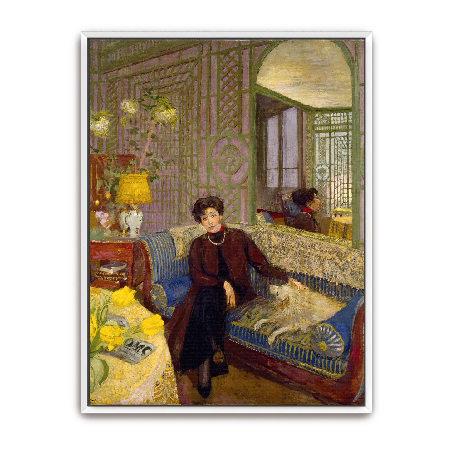 Woman with dog on a blue couch by Édouard Vuillard