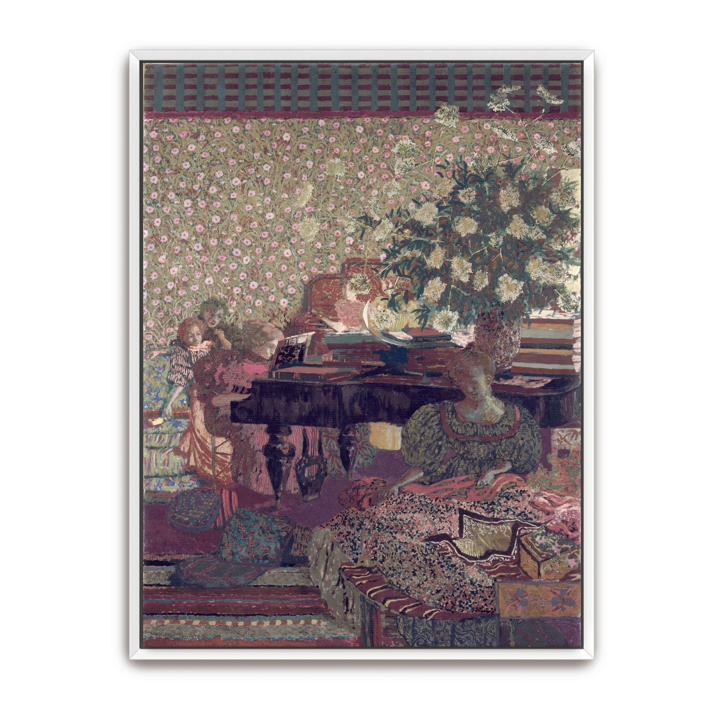 Interior scene with women, piano, and flowers by Édouard Vuillard