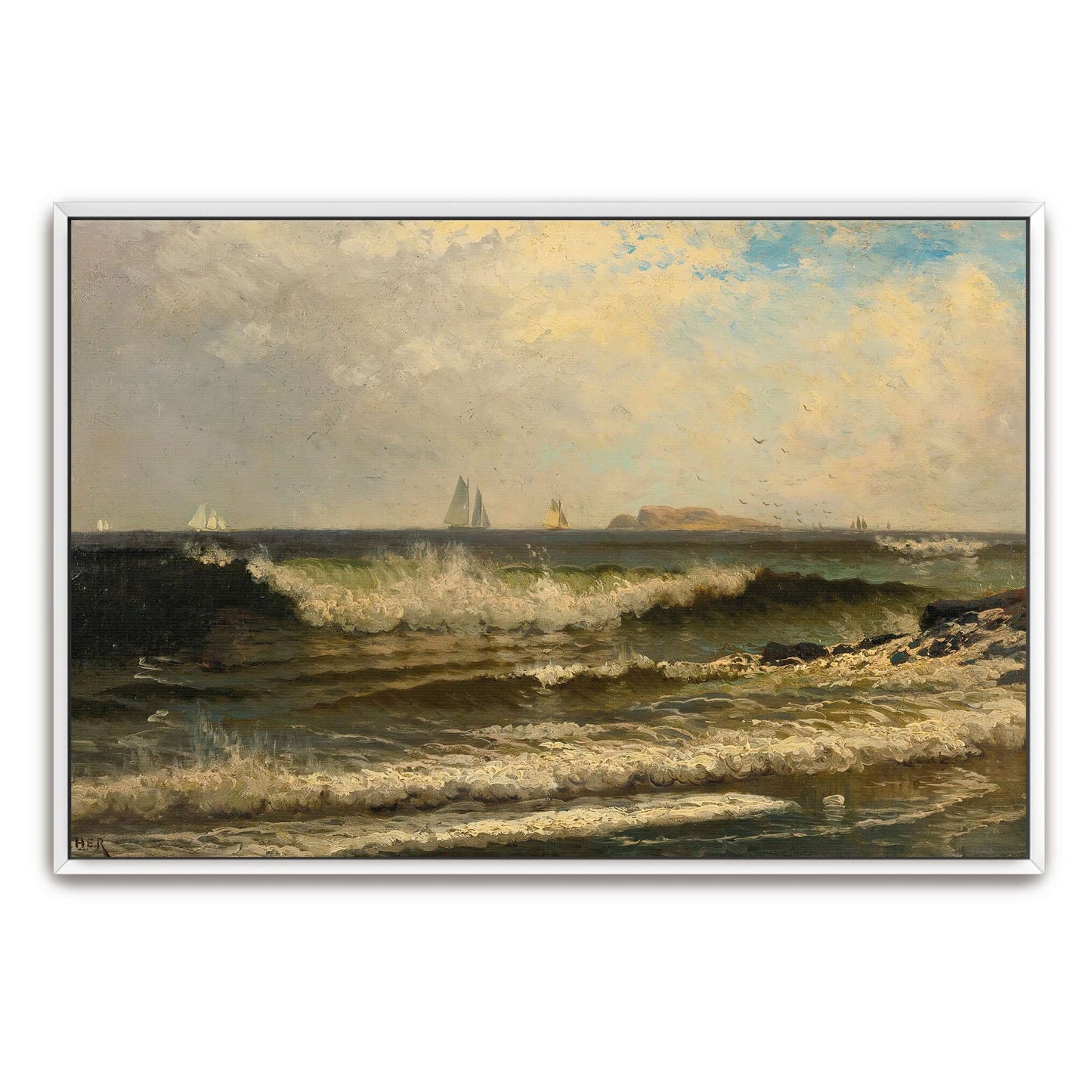 Sailboats on a choppy sea with a rocky shore by Alfred Thompson Bricher