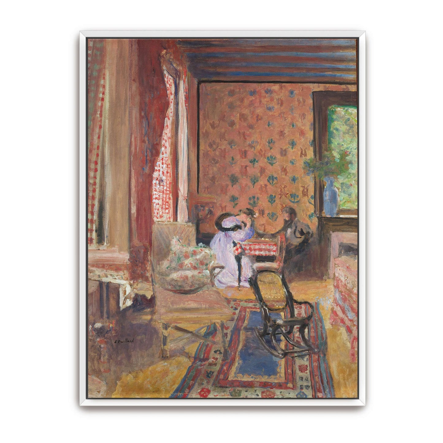 Two women in a room with a red checkered curtain by Édouard Vuillard