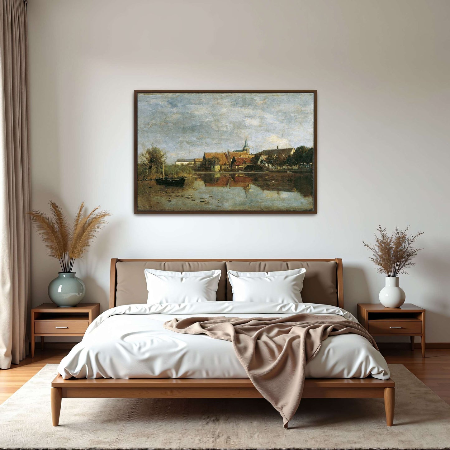 A village by a lake with a boat by Eugen Jettel