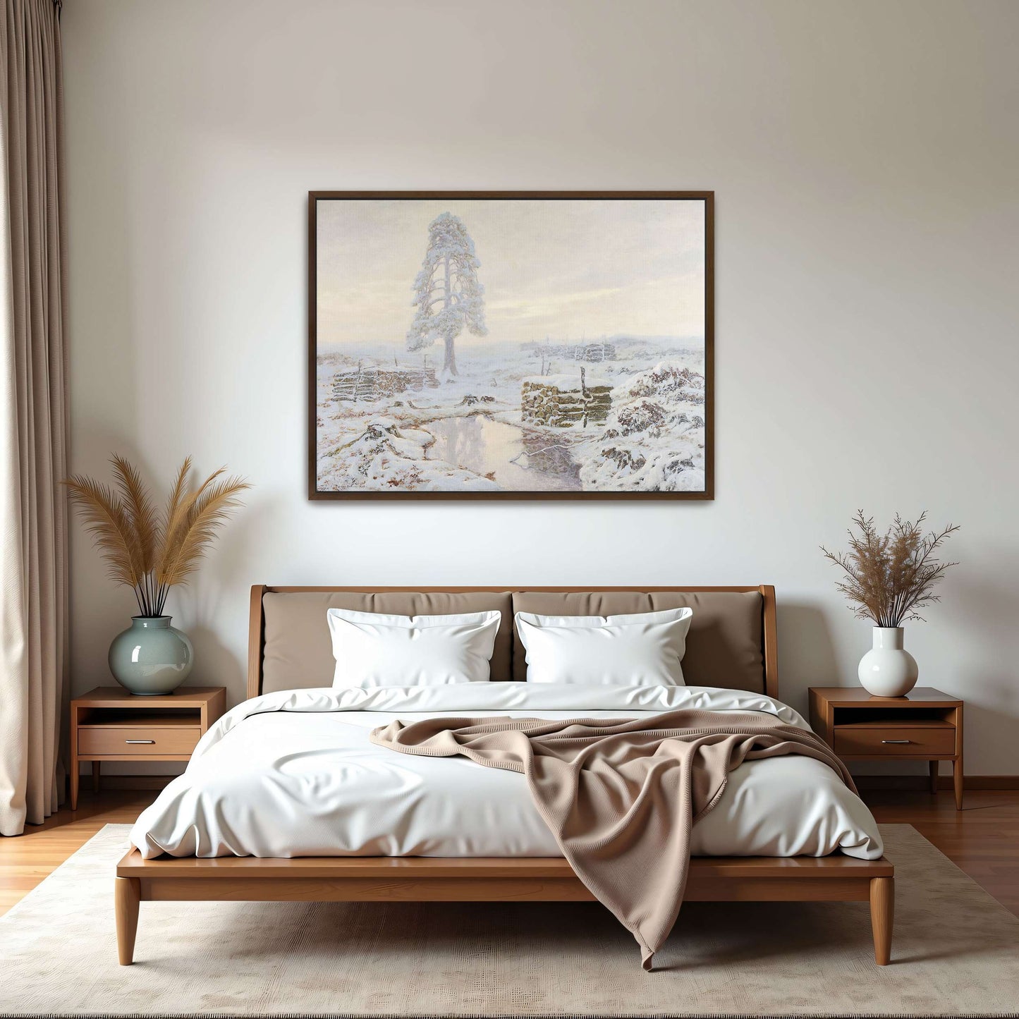 Snowy winter landscape with lone tree by Józef Rapacki