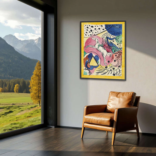 Abstract Horse Painting (Blue Rider Cover) by Wassily Kandinsky, black-framed canvas print in a room setting