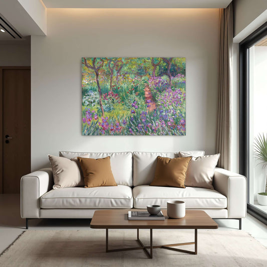 Giclée canvas print of Purple Flowers (The Artist’s Garden in Giverny) by Claude Monet on a wall