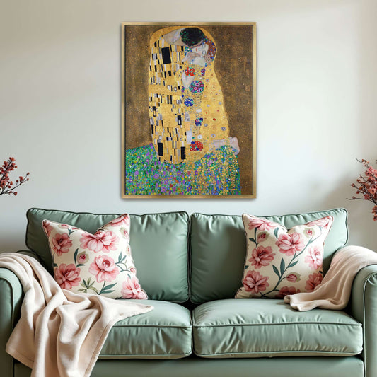The Kiss by Gustav Klimt as a gold-framed canvas print on a wall