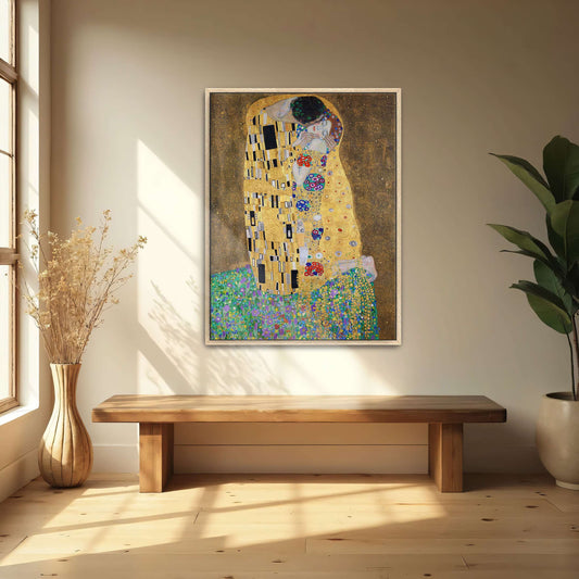 The Kiss by Gustav Klimt, natural oak-framed canvas print in a room setting