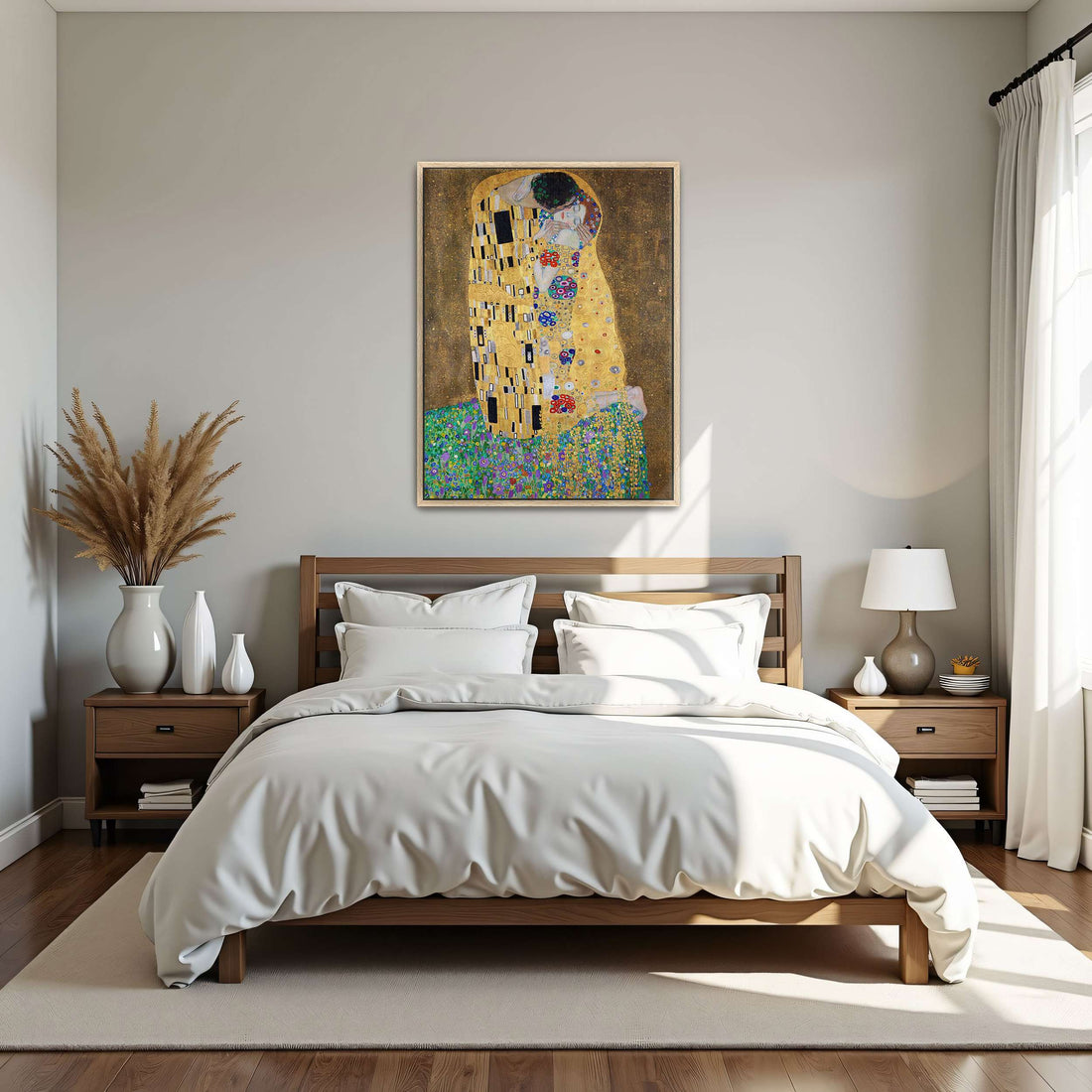 The Kiss by Gustav Klimt as an oak-framed canvas print hanging on a wall