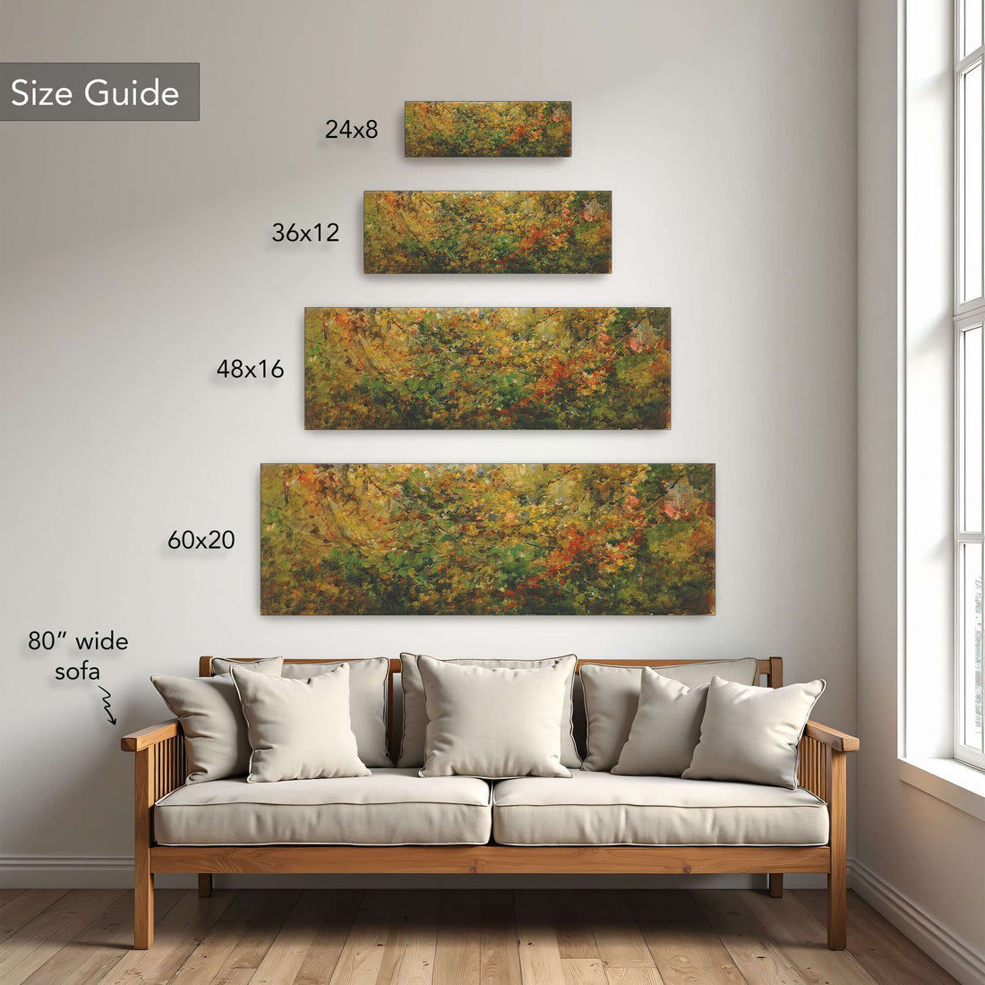 Panoramic print size guide: prints from 24x8 to 60x20 inches shown above an 80-inch sofa