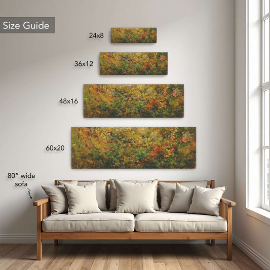 Panoramic print size guide: prints from 24x8 to 60x20 inches shown above an 80-inch sofa