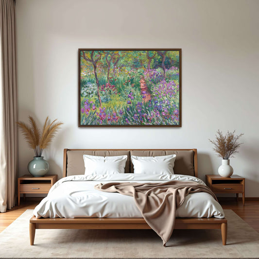 Purple Flowers (The Artist’s Garden in Giverny) by Claude Monet, walnut-framed canvas print in a room setting
