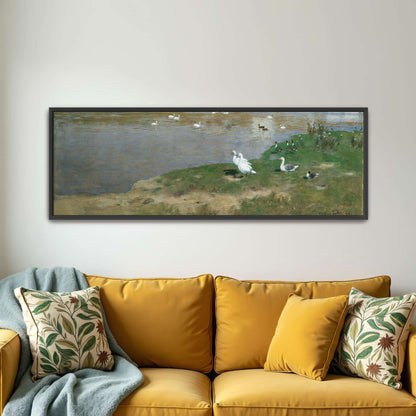 Village with geese on a lake by Eugen Jettel