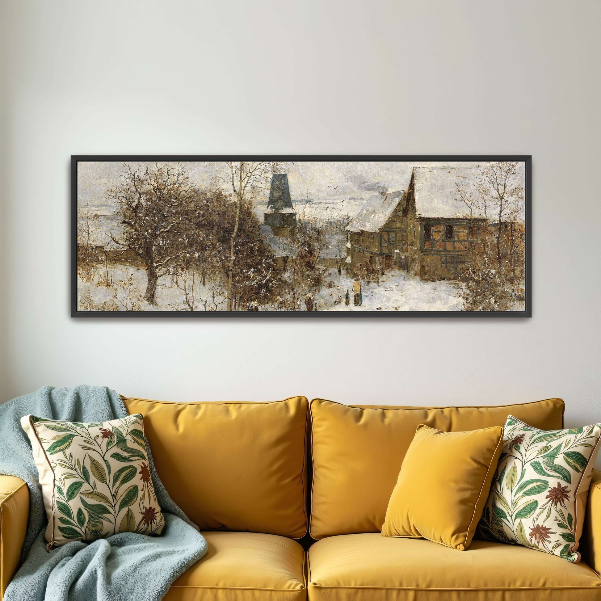 Snowy village scene with houses by Paul Baum