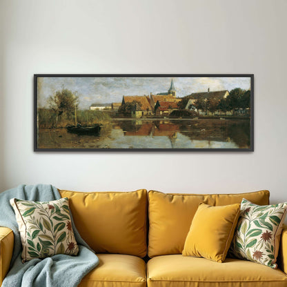 A village by a lake with a boat by Eugen Jettel