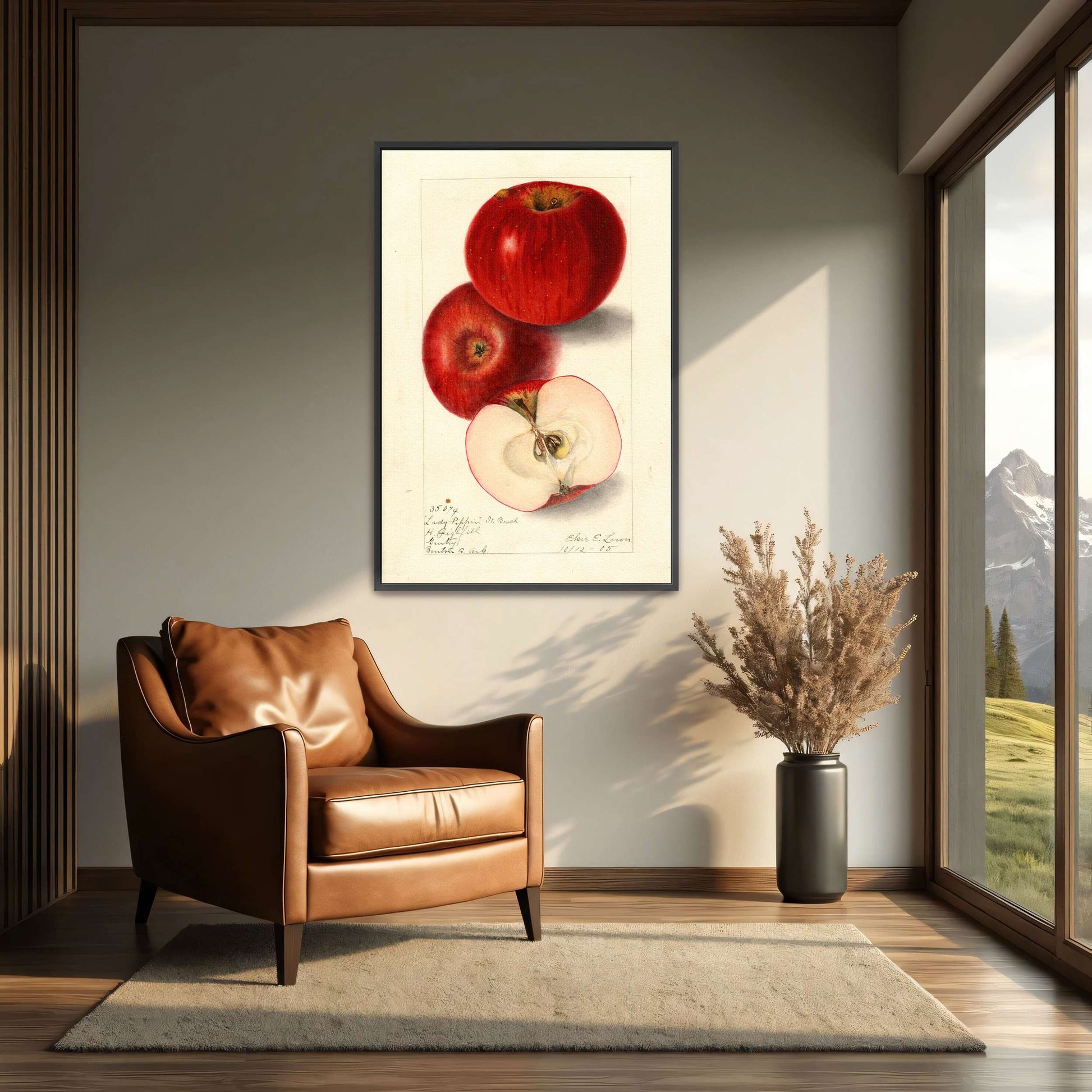 Three red apples, watercolor painting by Elsie E. Lower