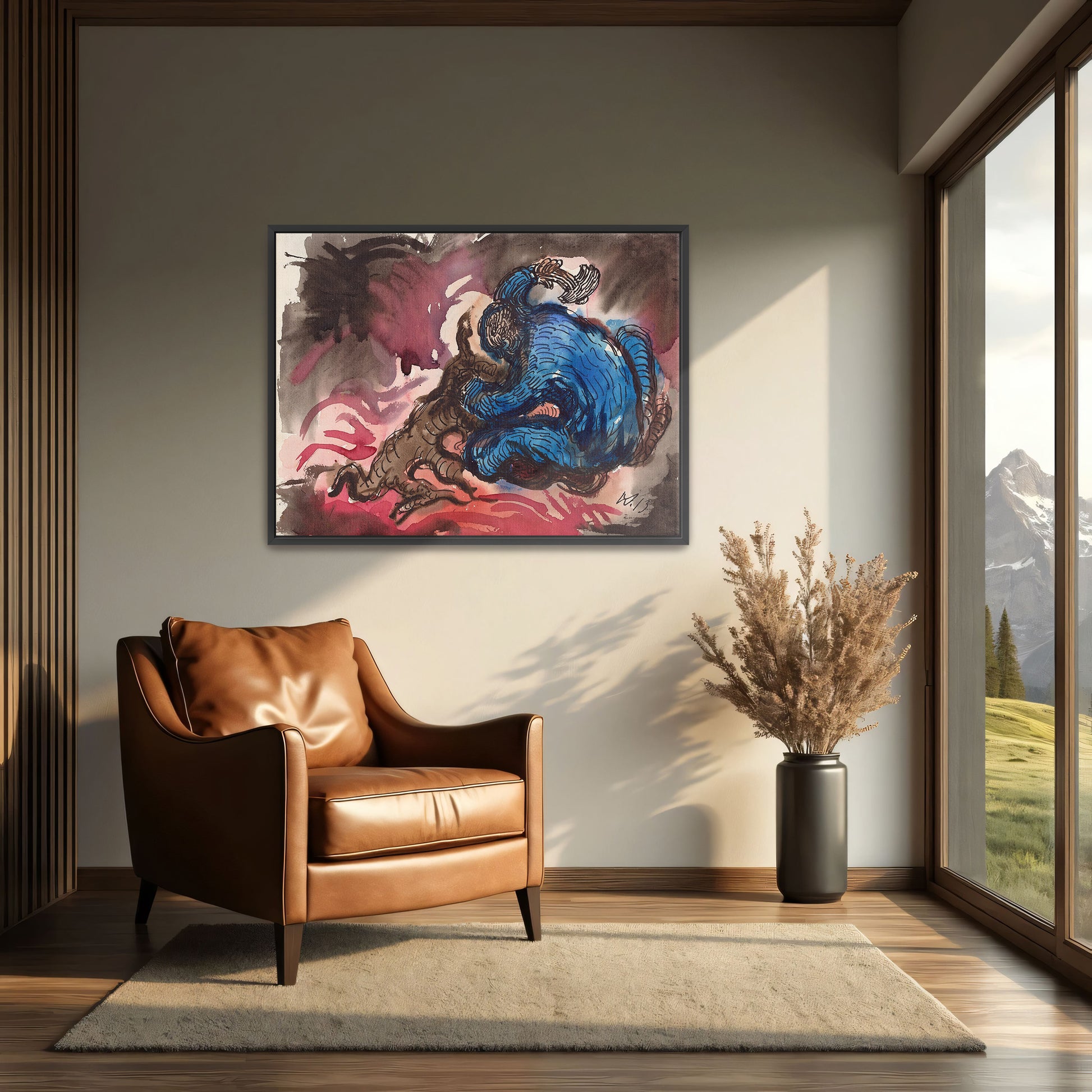 Blue Figure Wrestling With A Dark Creature In A Red And Brown Landscape By Wilhelm Morgner