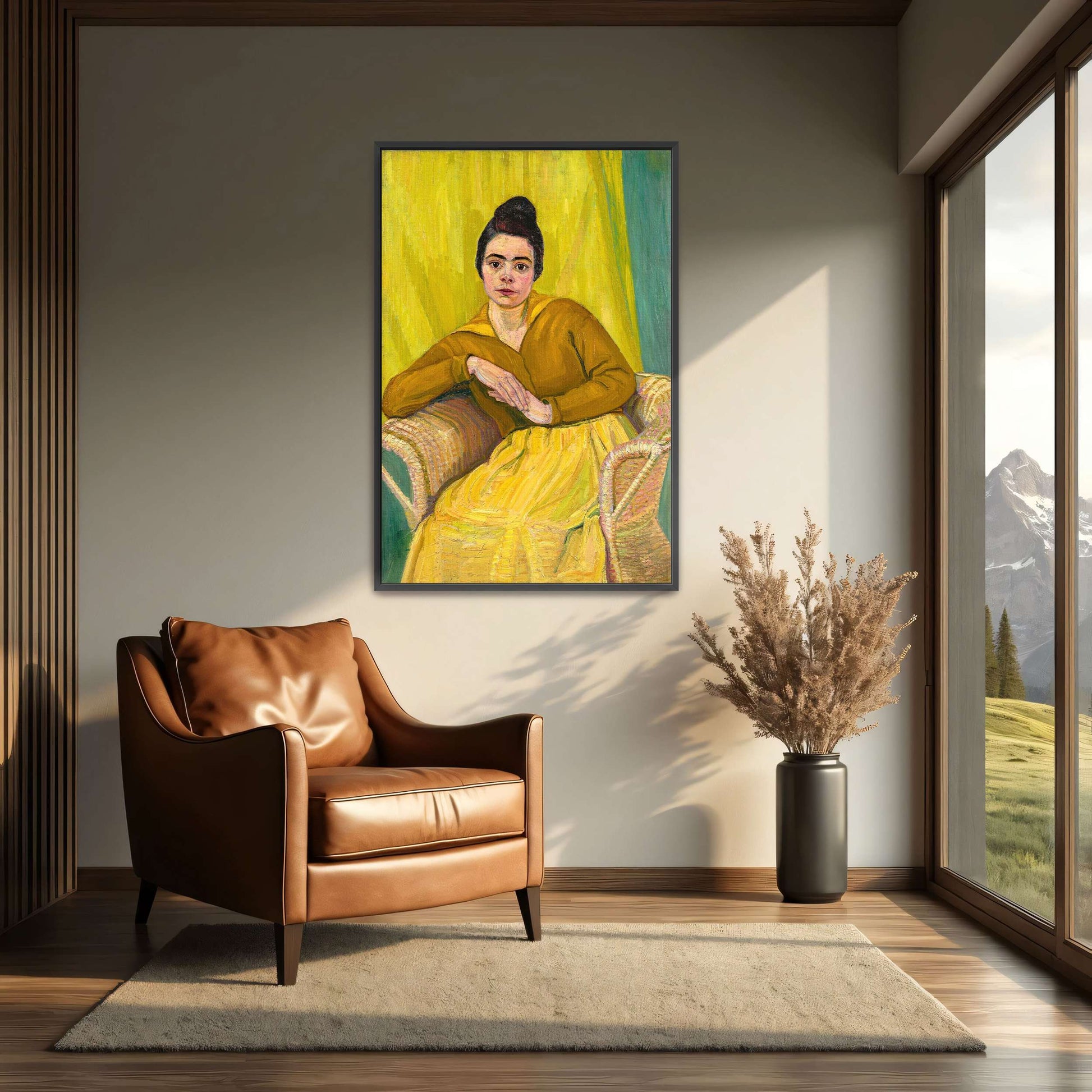 Woman in yellow dress, wicker chair by Koloman Moser