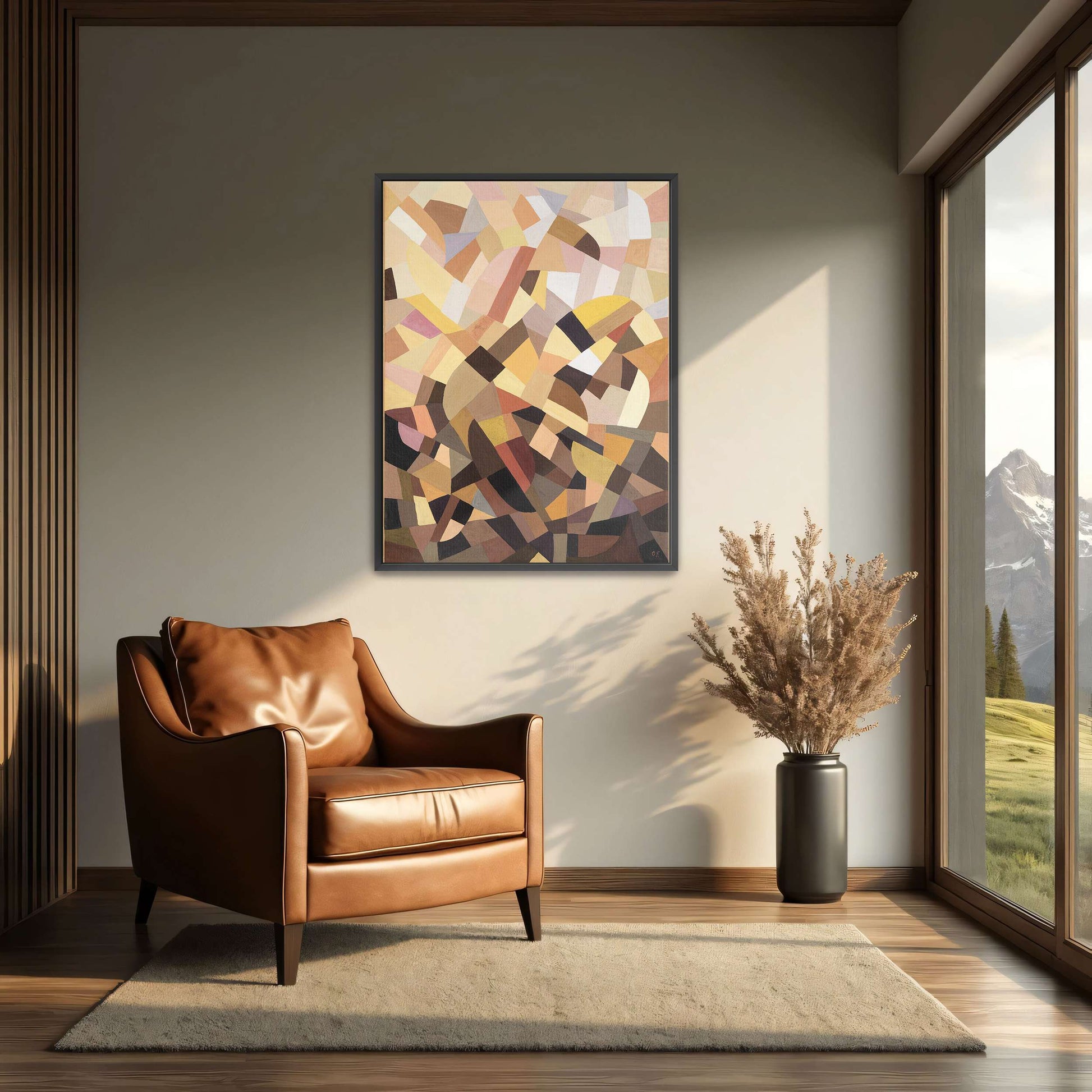 Abstract geometric painting with brown, yellow, and pink shapes by Otto Freundlich