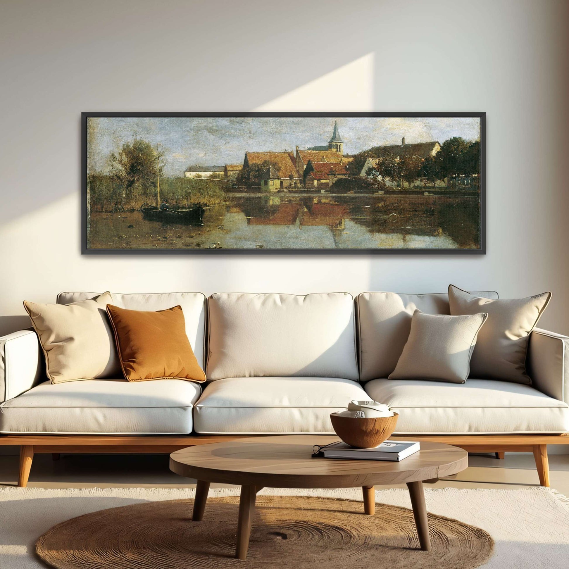A village by a lake with a boat by Eugen Jettel