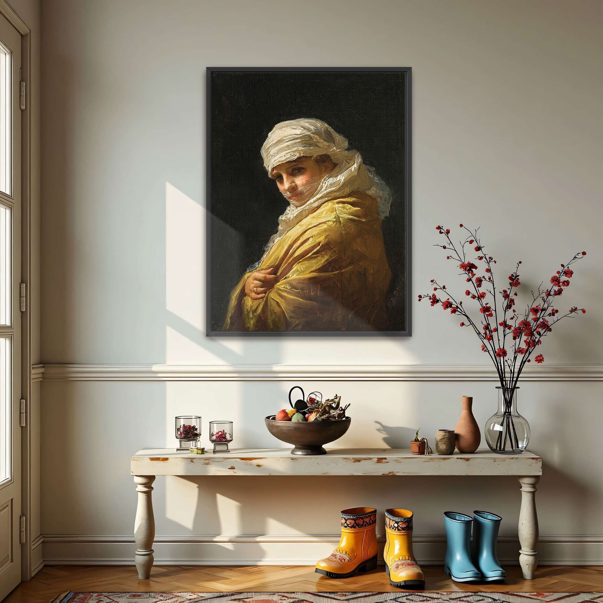 Woman in white turban and yellow shawl by Frederick Arthur Bridgman