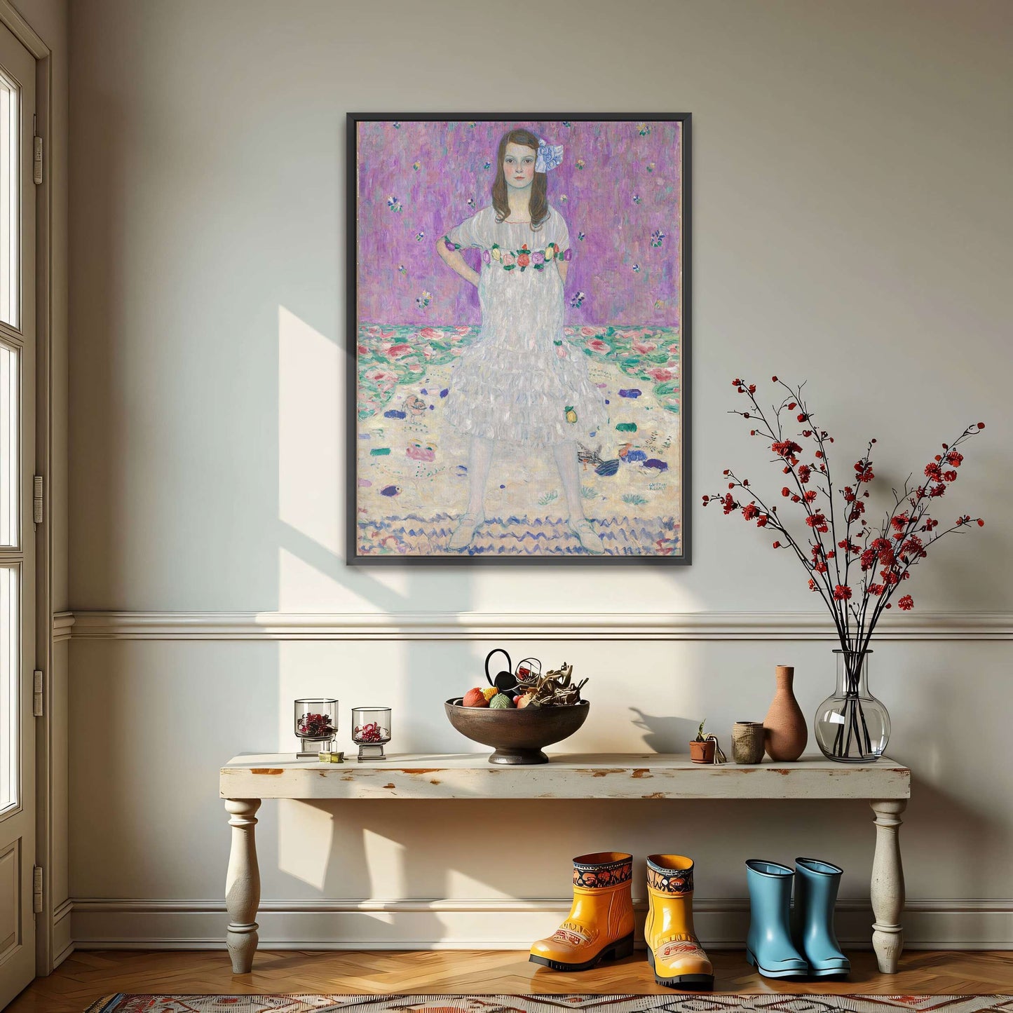 Young girl in white dress, floral background by Gustav Klimt