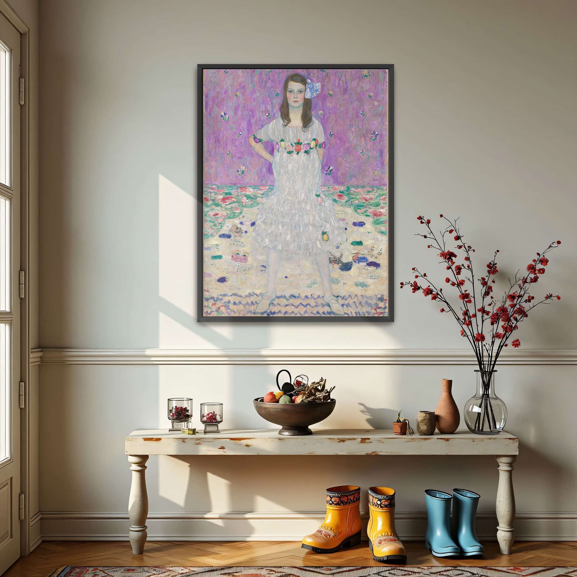 Young girl in white dress, floral background by Gustav Klimt