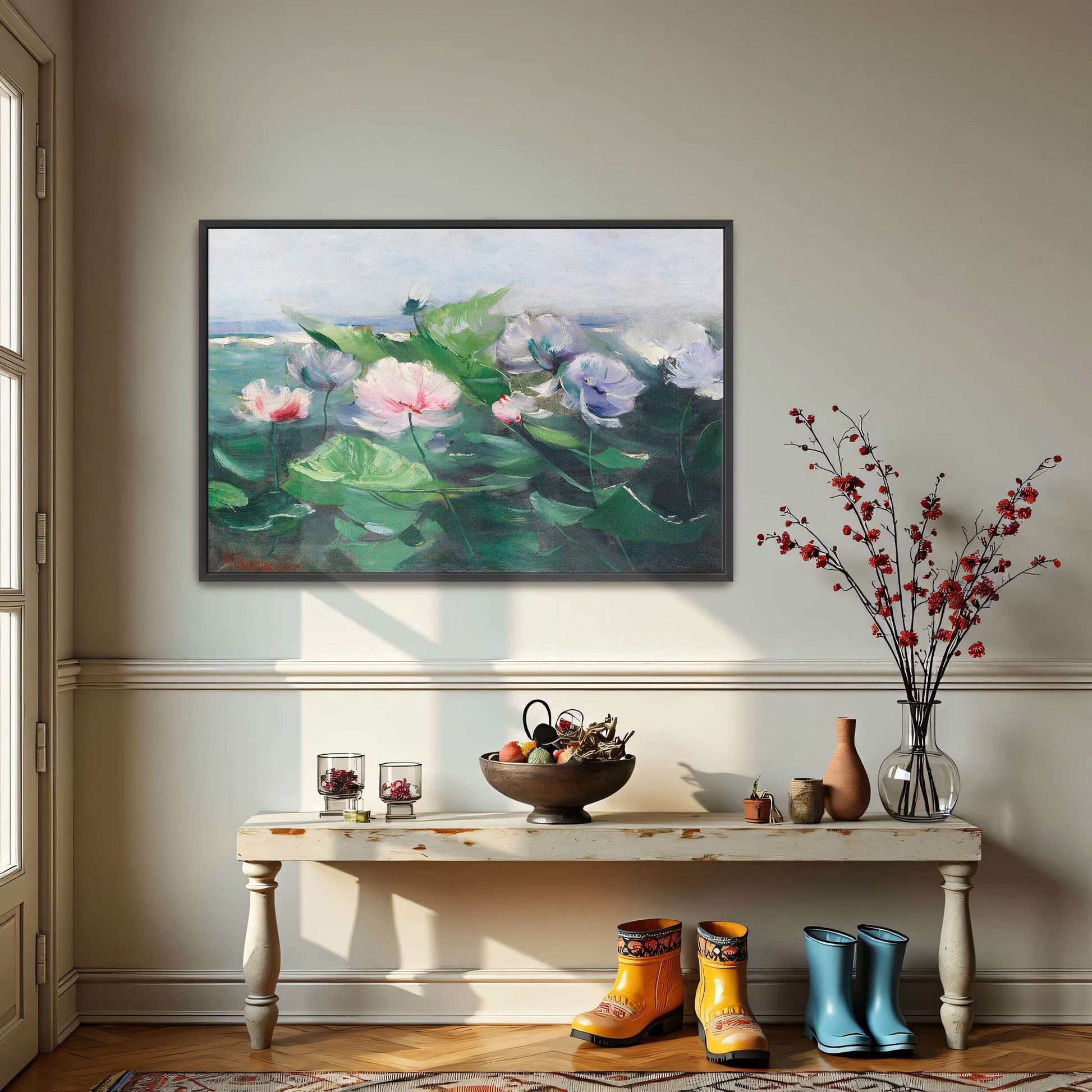 Water lilies in a pond with green leaves by Karl Hagemeister