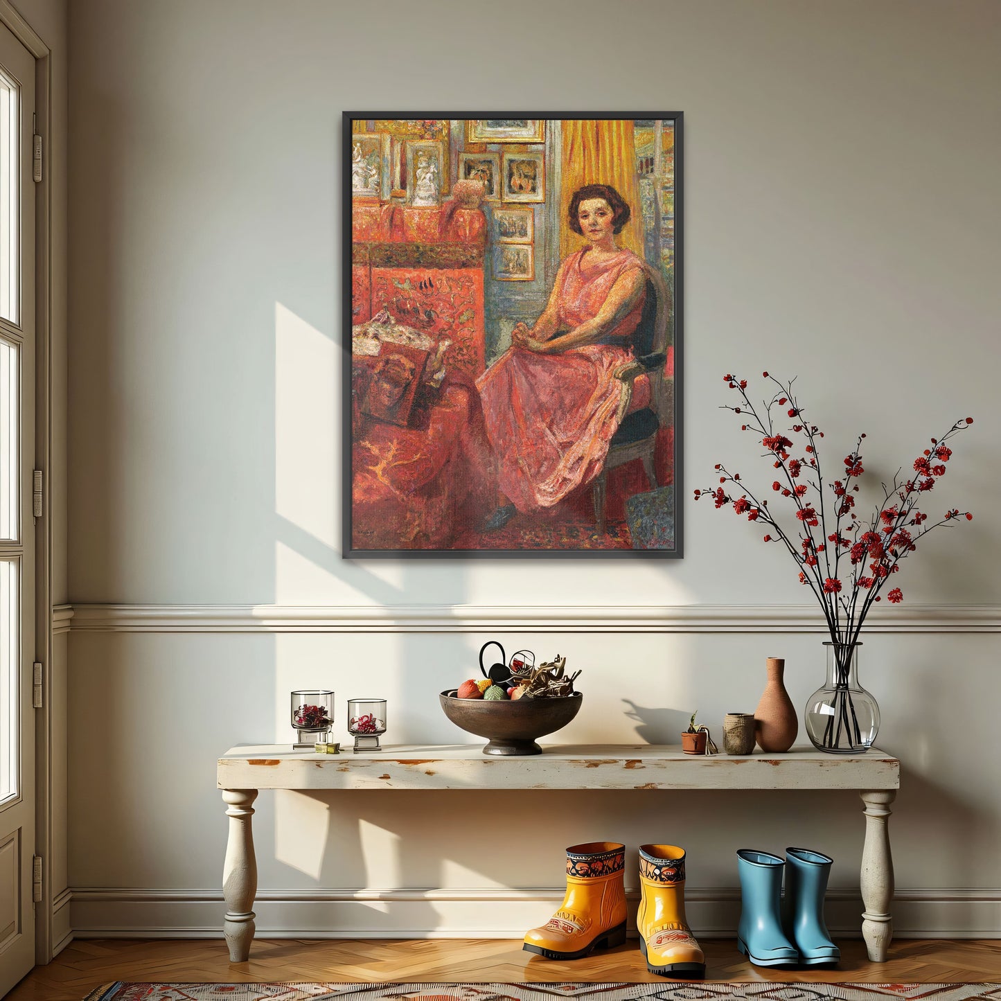 Woman In Pink Dress Sitting In Interior With Pictures By Édouard Vuillard