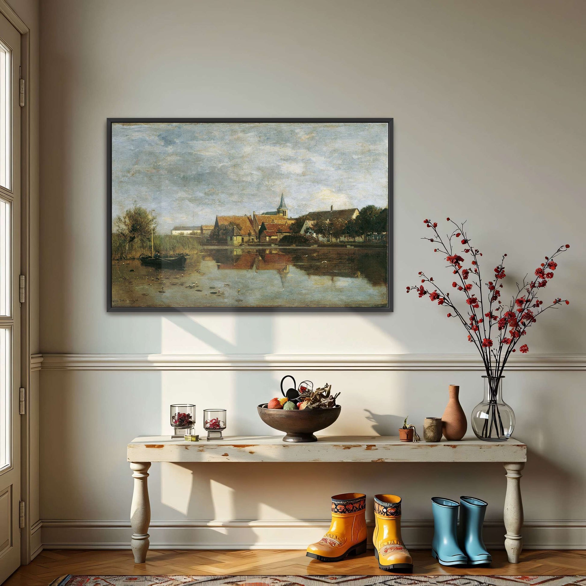 A village by a lake with a boat by Eugen Jettel