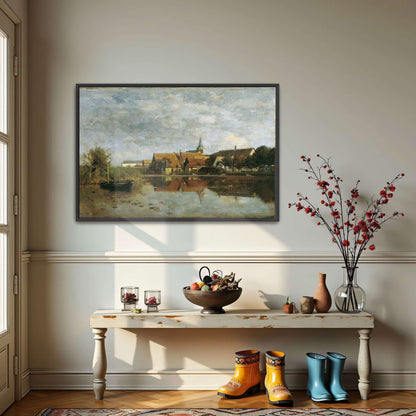 A village by a lake with a boat by Eugen Jettel