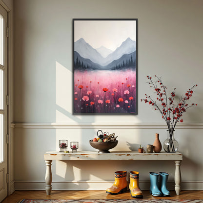 Mountain Landscape With Pink Flowers By Yara Rabibzad