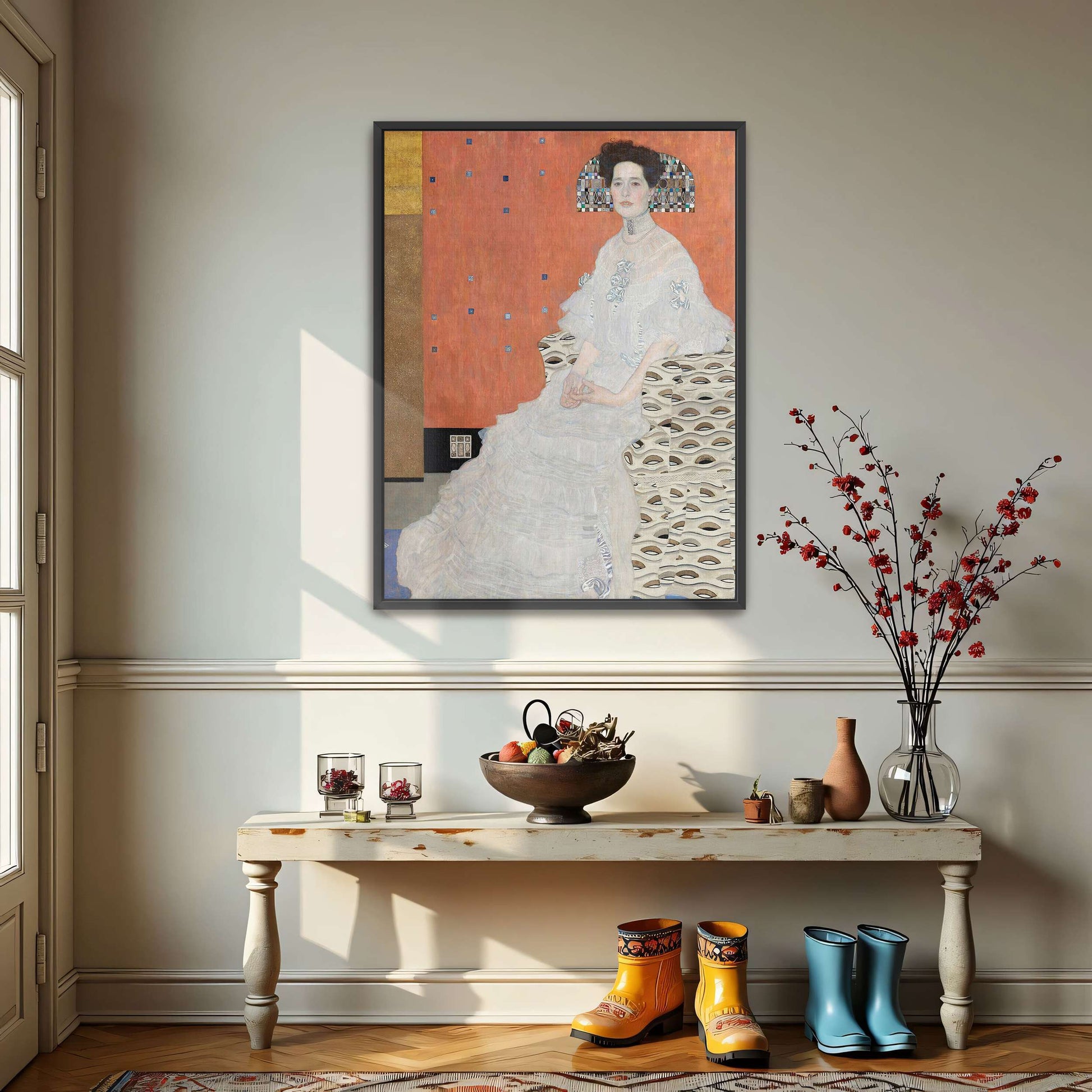Woman in white dress seated on patterned chair by Gustav Klimt