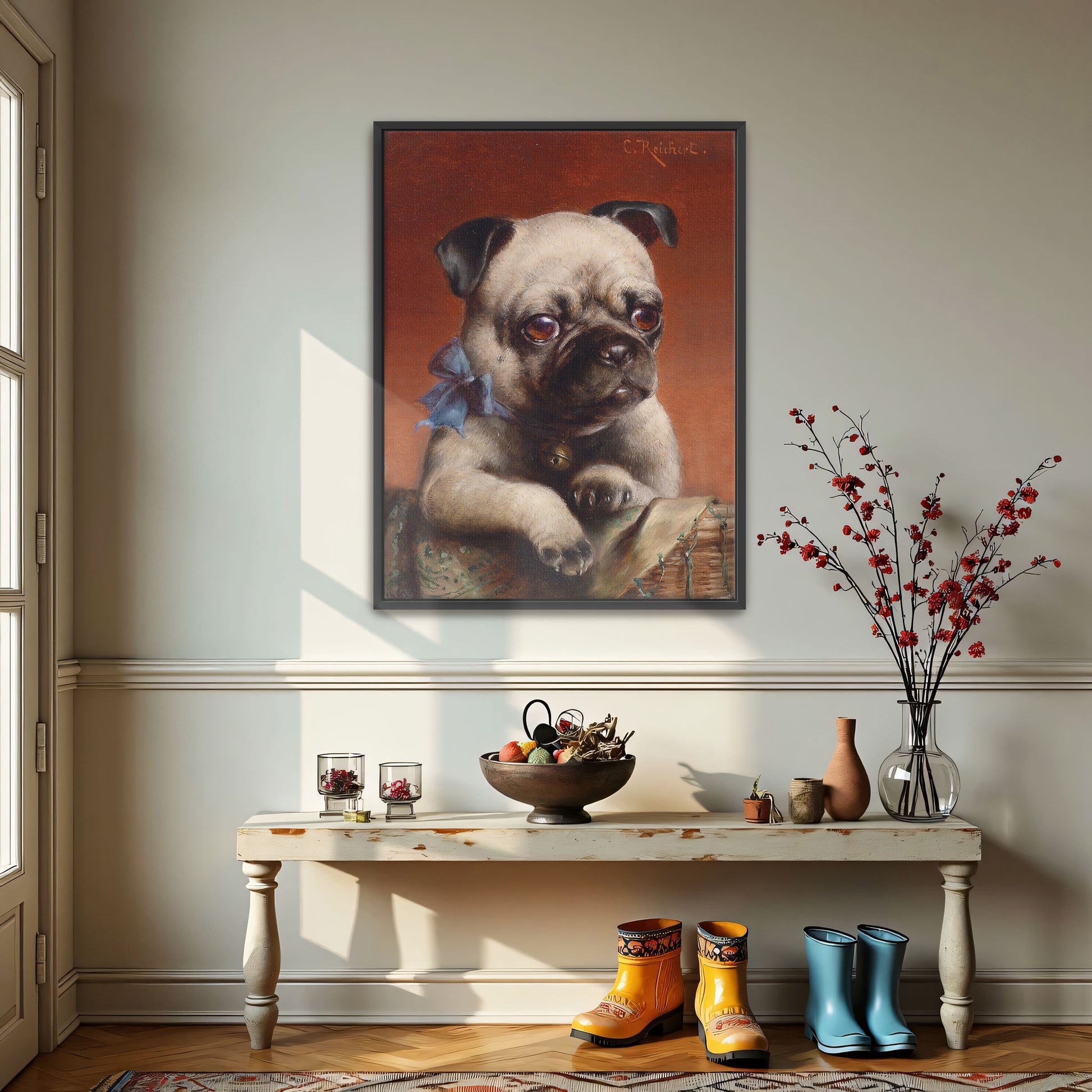 Portrait Of A Pug With A Blue Bow By Carl Reichert