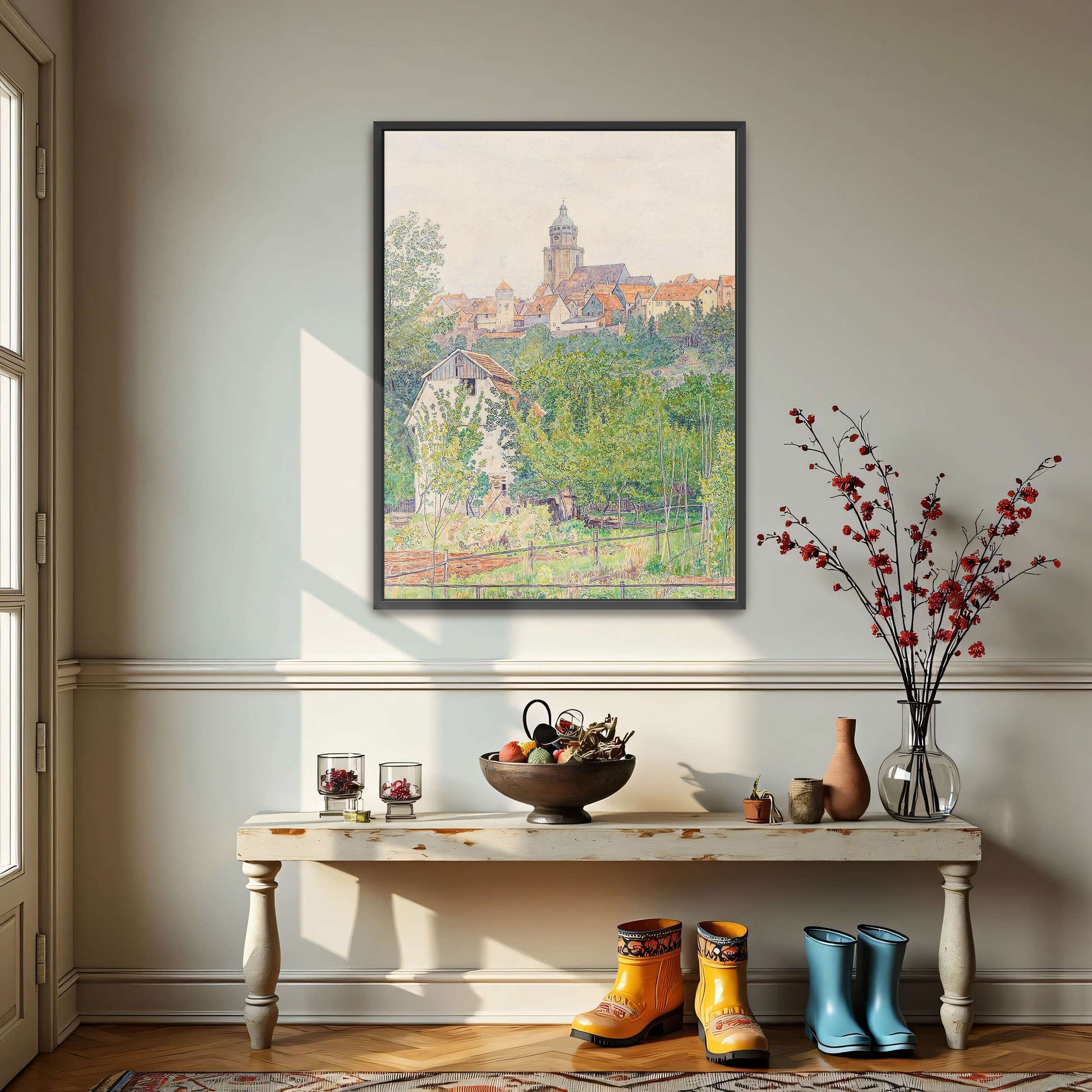 Village landscape with church tower by Paul Baum