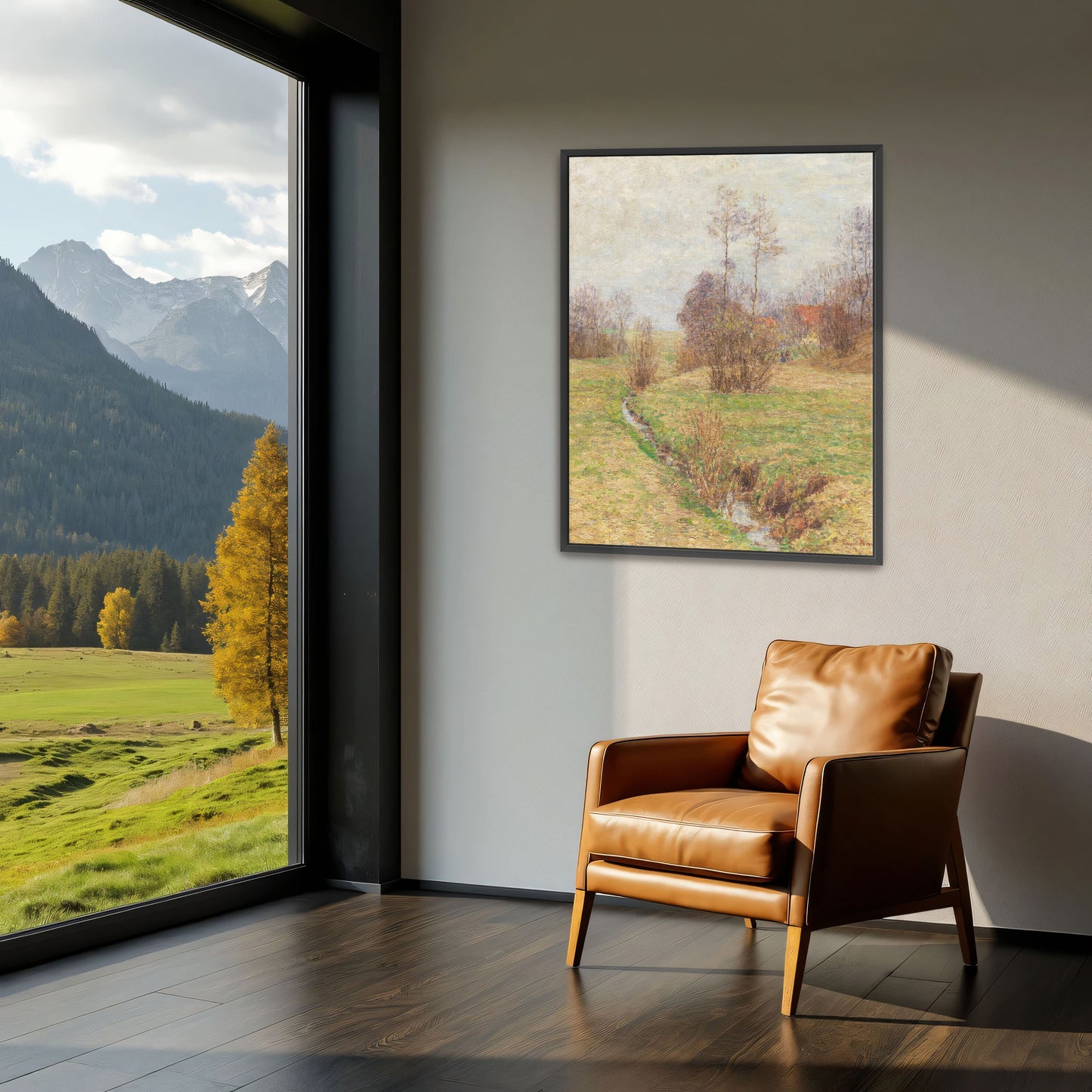 Stream Through Fields, Trees And Cloudy Sky By Paul Baum