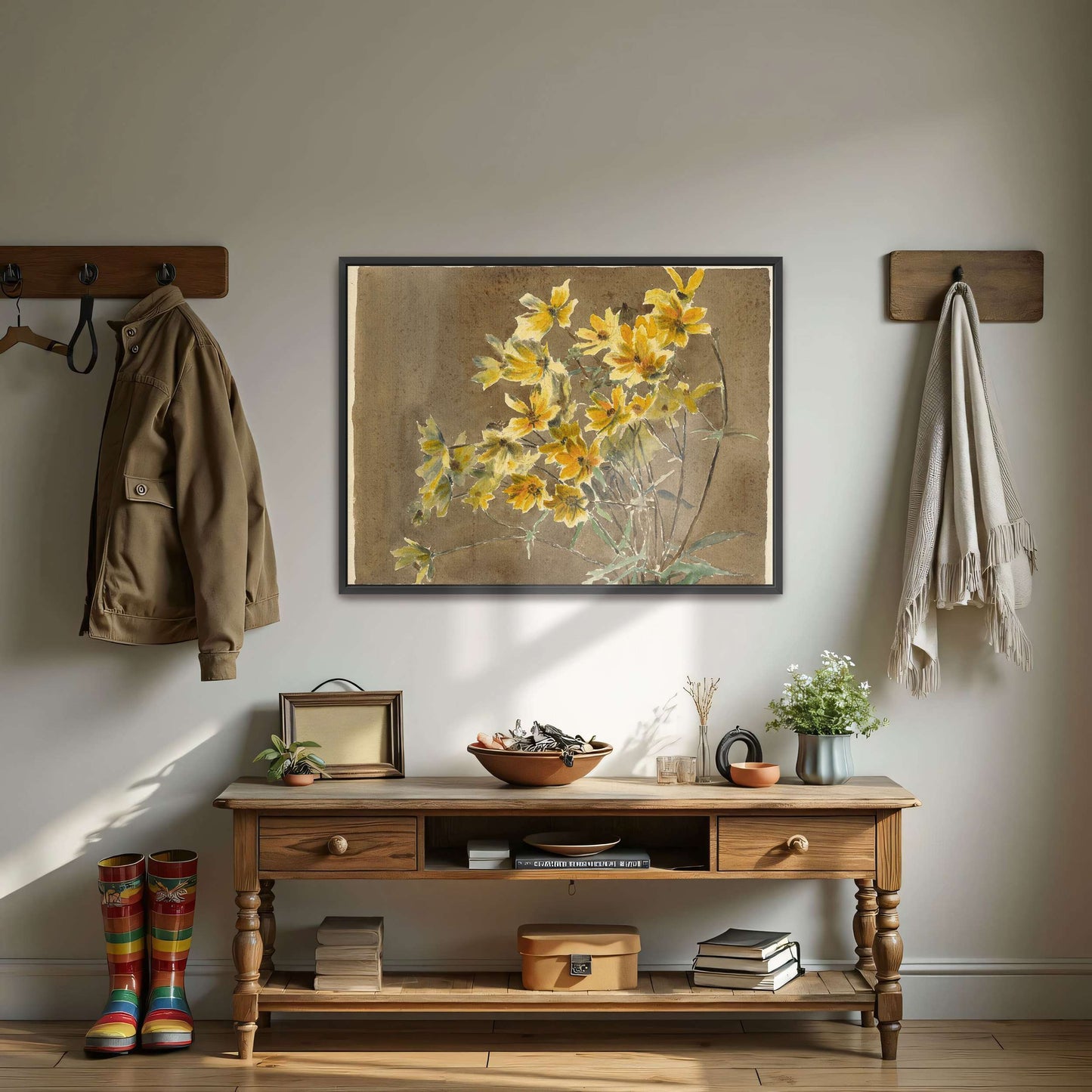 Yellow flowers on brown background by Hannah Borger Overbeck