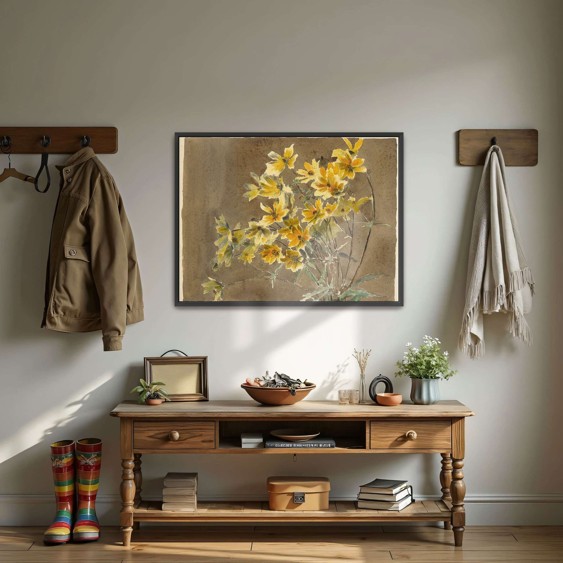 Yellow flowers on brown background by Hannah Borger Overbeck