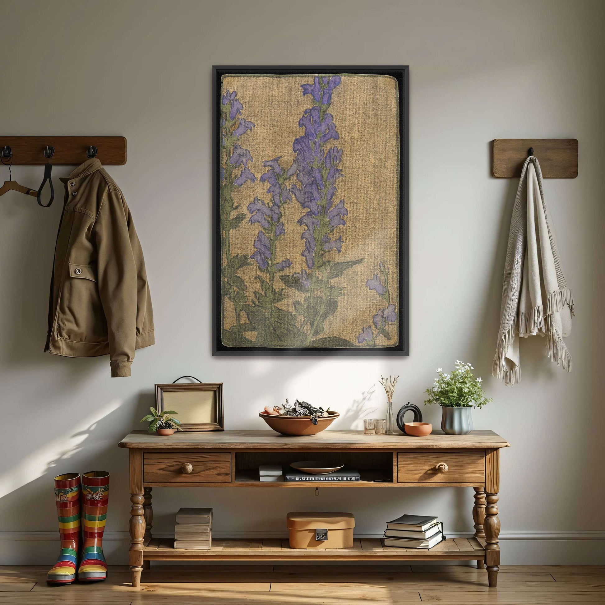 Purple flowers on beige background by Hannah Borger Overbeck