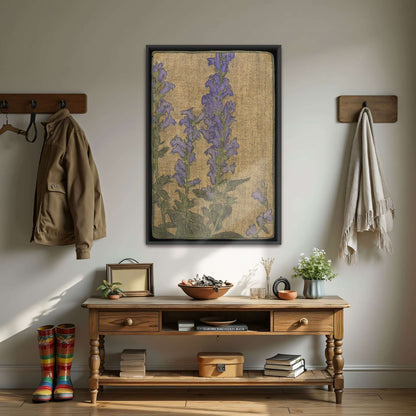 Purple flowers on beige background by Hannah Borger Overbeck