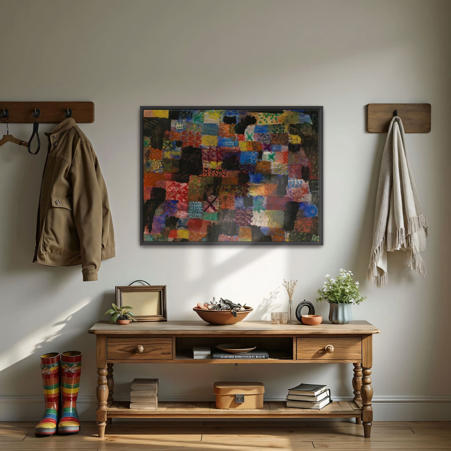 Abstract Geometric Composition With Black And Colorful Patches By Paul Klee