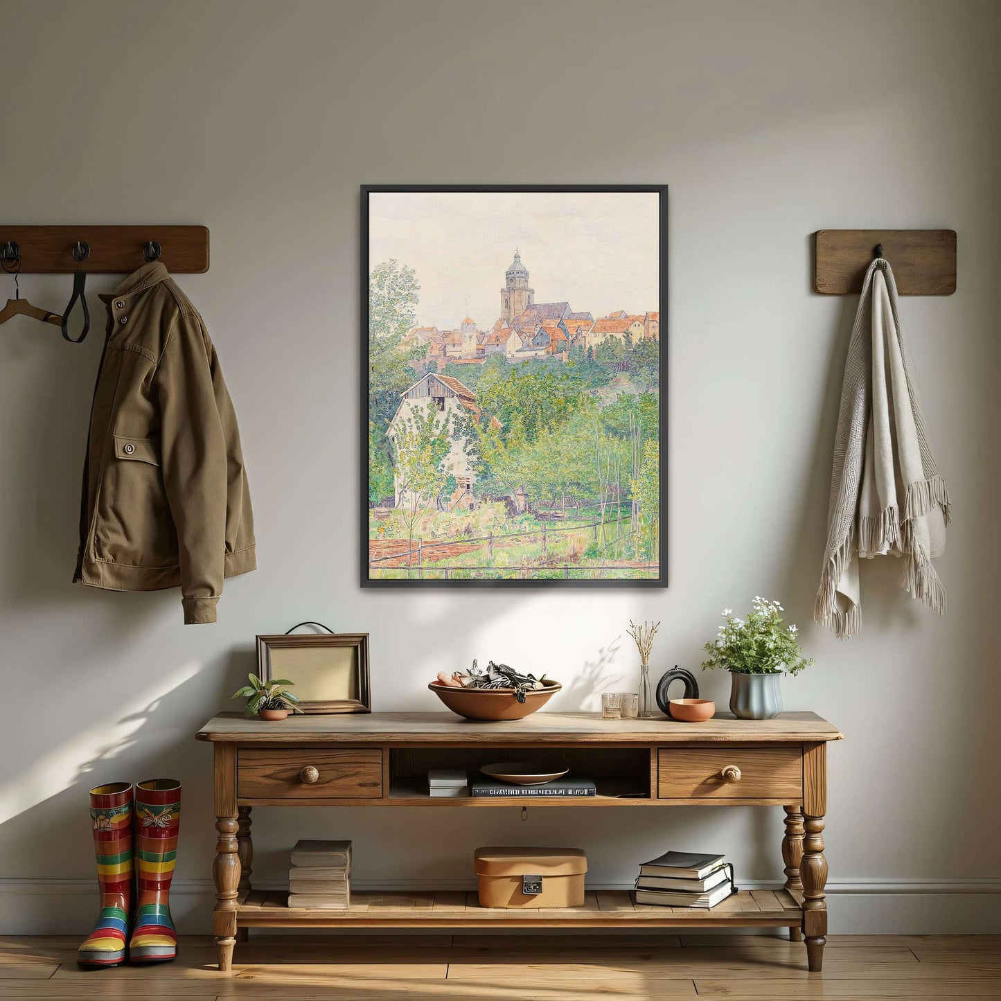 Village landscape with church tower by Paul Baum