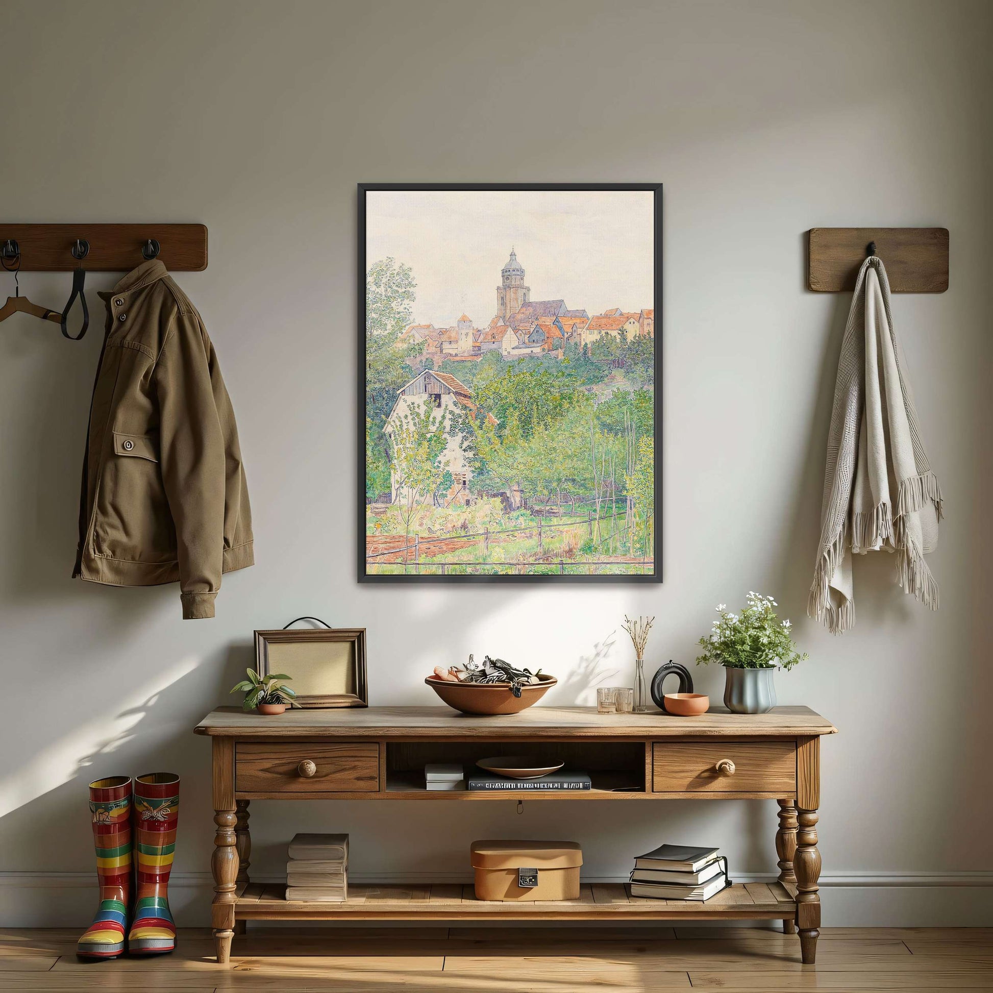 Village landscape with church tower by Paul Baum