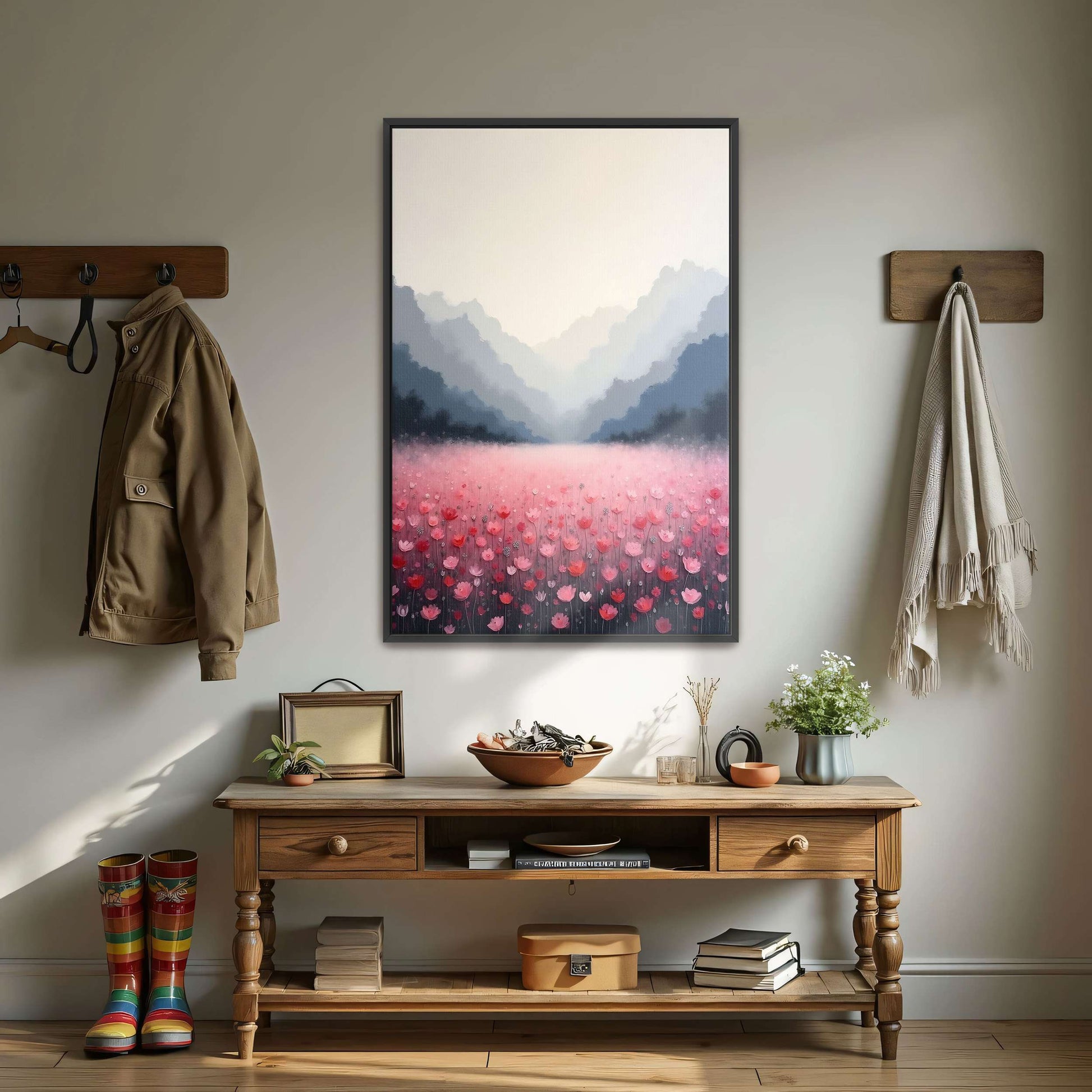 Pink Flower Field In Misty Mountains By Yara Rabibzad