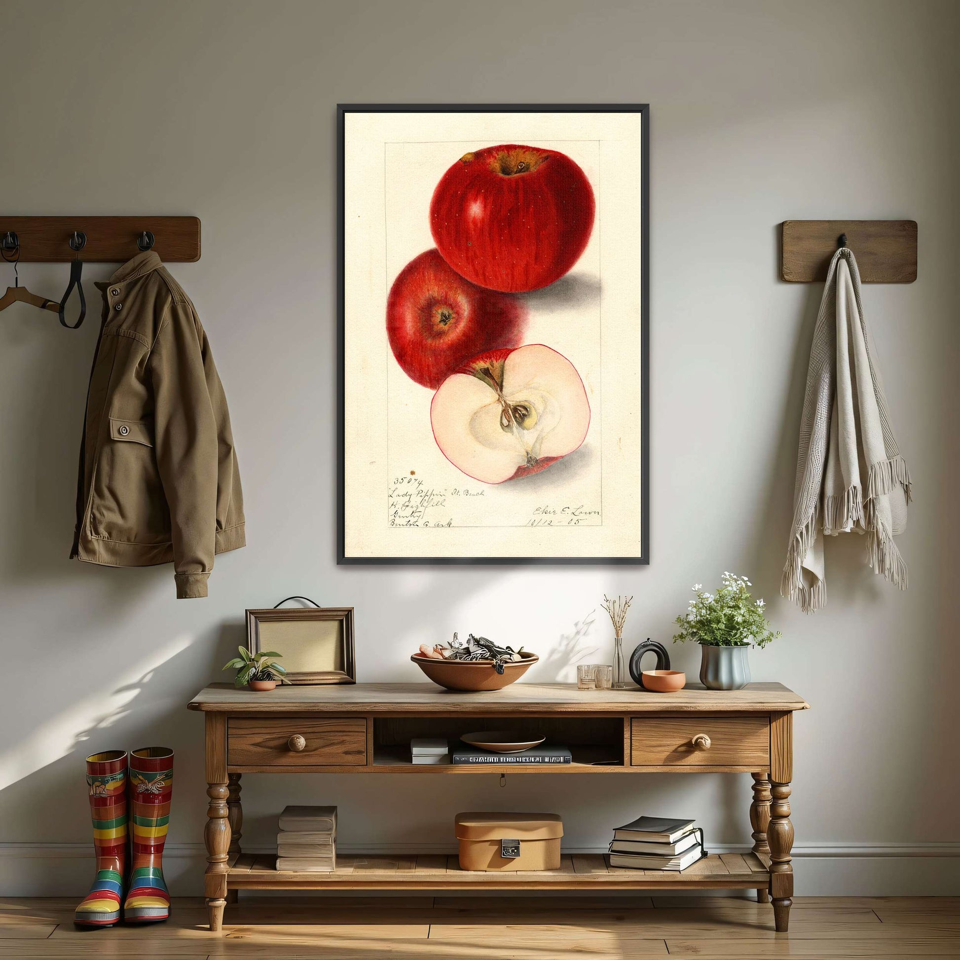 Three red apples, watercolor painting by Elsie E. Lower