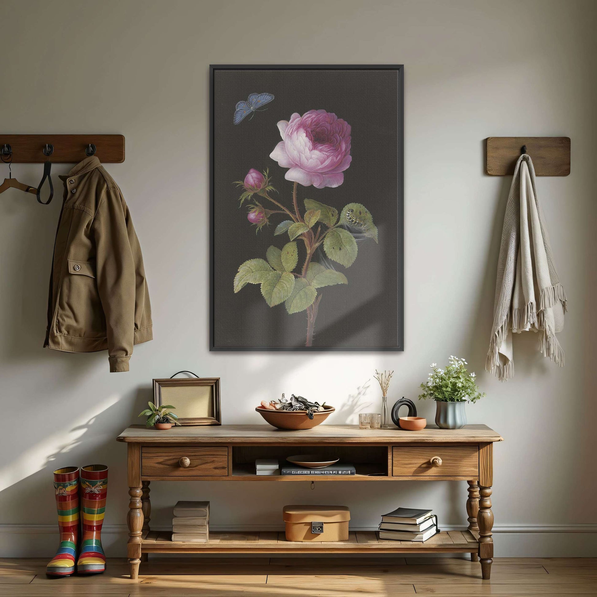 Pink rose, butterfly, caterpillar by Elisabeth Christina Matthes