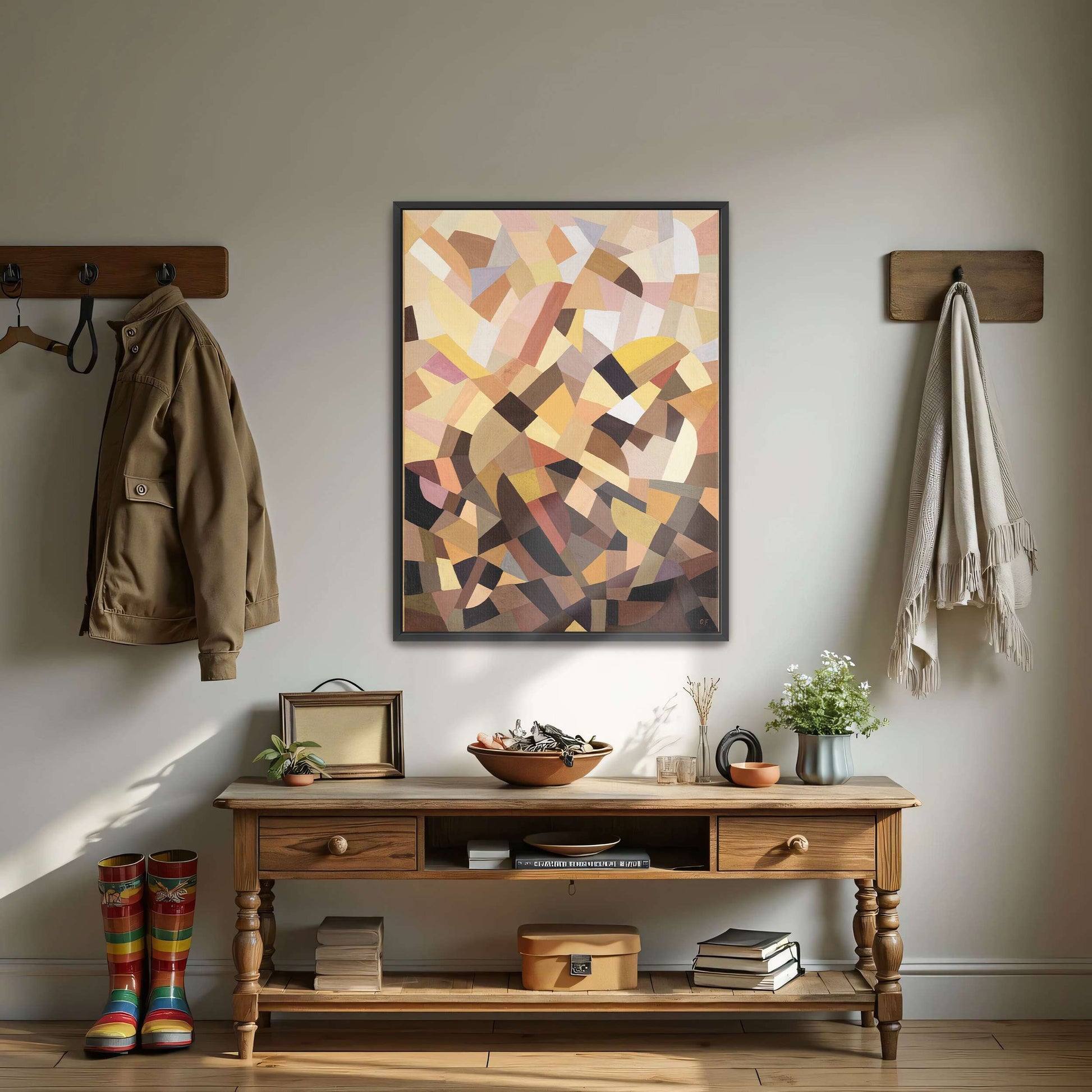 Abstract geometric painting with brown, yellow, and pink shapes by Otto Freundlich