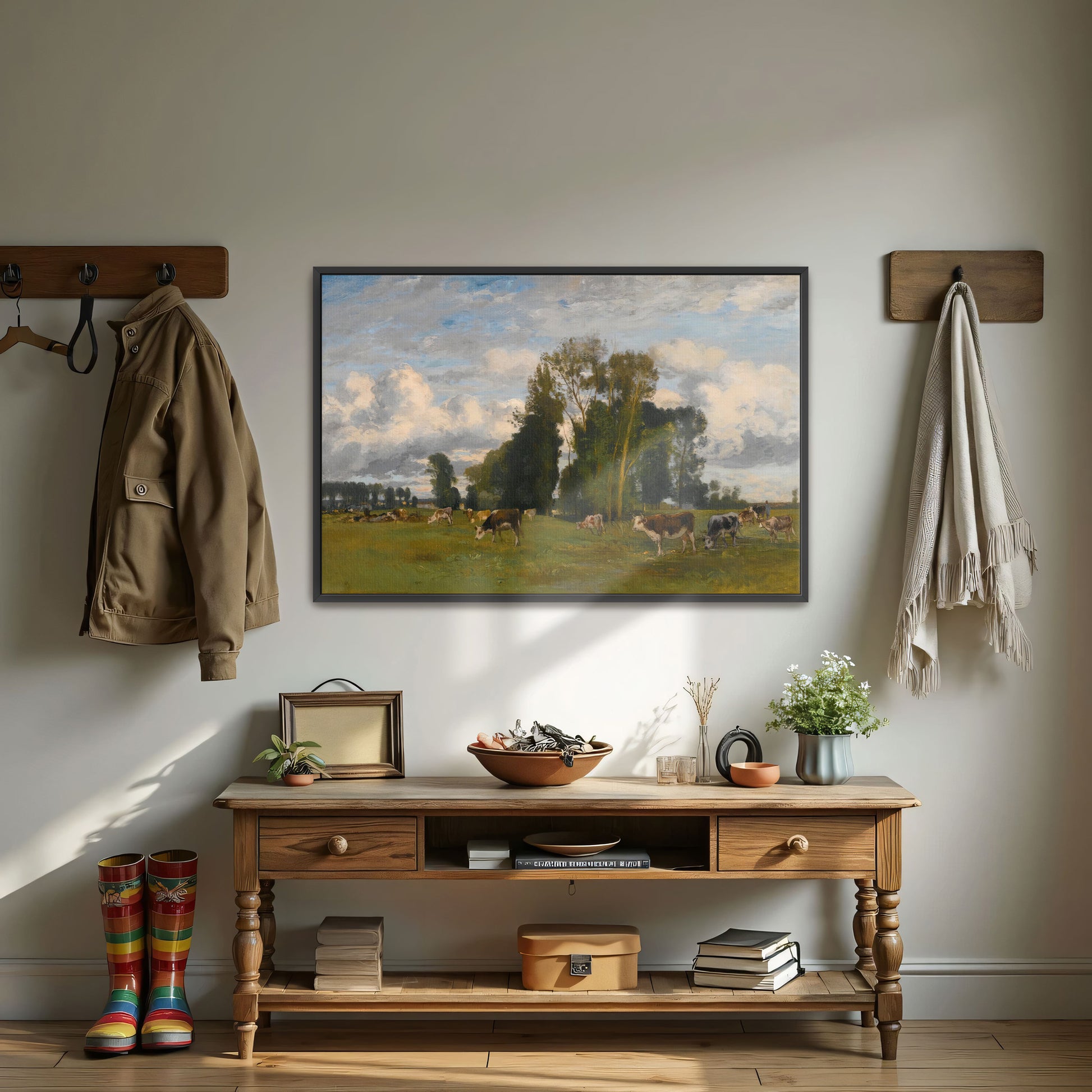 Rural Meadow With Cows Grazing Under Cloudy Sky By Eugen Jettel