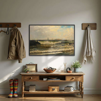 Sailboats on a choppy sea with a rocky shore by Alfred Thompson Bricher