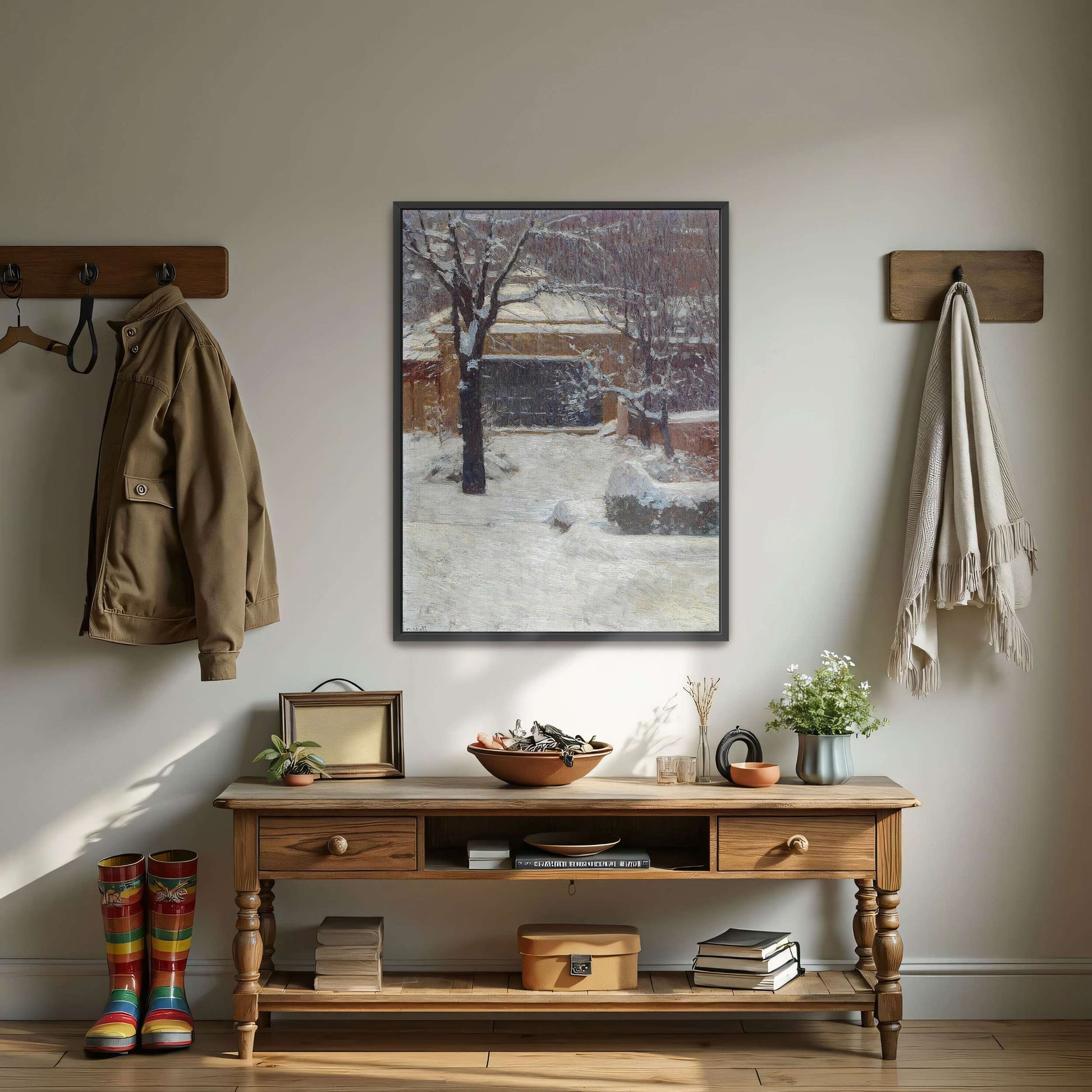 Snowy garden scene with building by Carl Moll