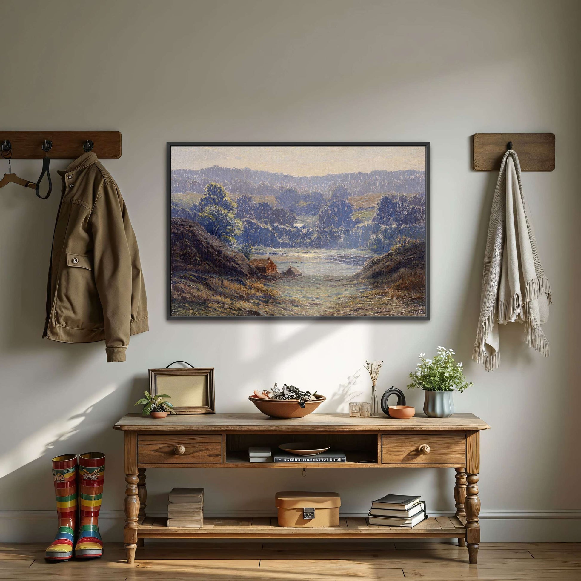 A landscape with a house in a valley by Leonard Ochtman