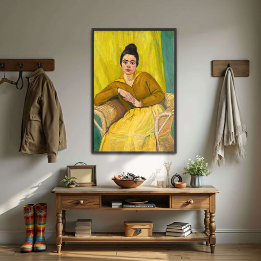 Woman in yellow dress, wicker chair by Koloman Moser